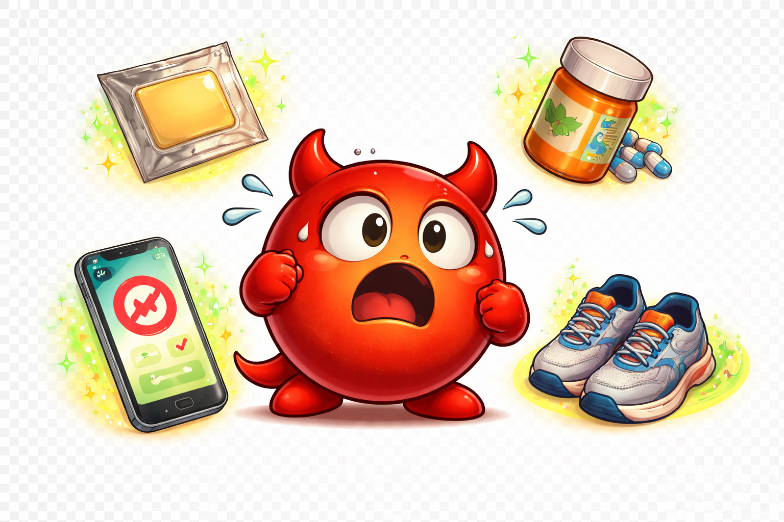 Cravo the craving villain panicked and cornered by quit-smoking tools — patches, medication, phone app, and running shoes closing in