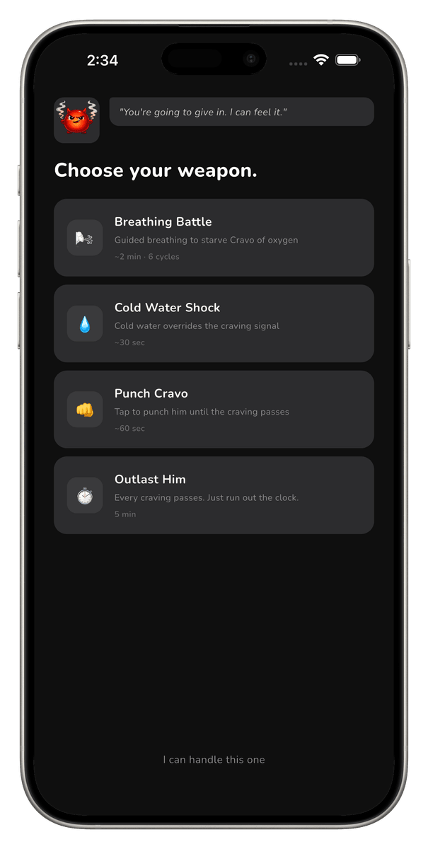 Cravo SOS screen — choose your weapon to fight a craving