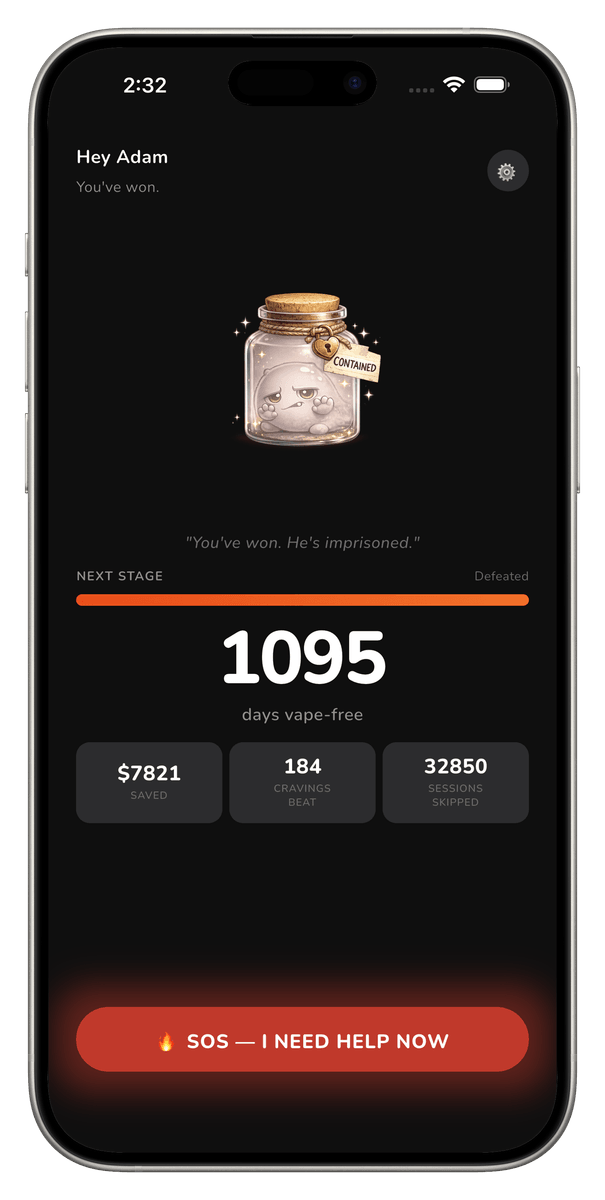 Cravo app on day 1095 — villain contained inside a jar, defeated