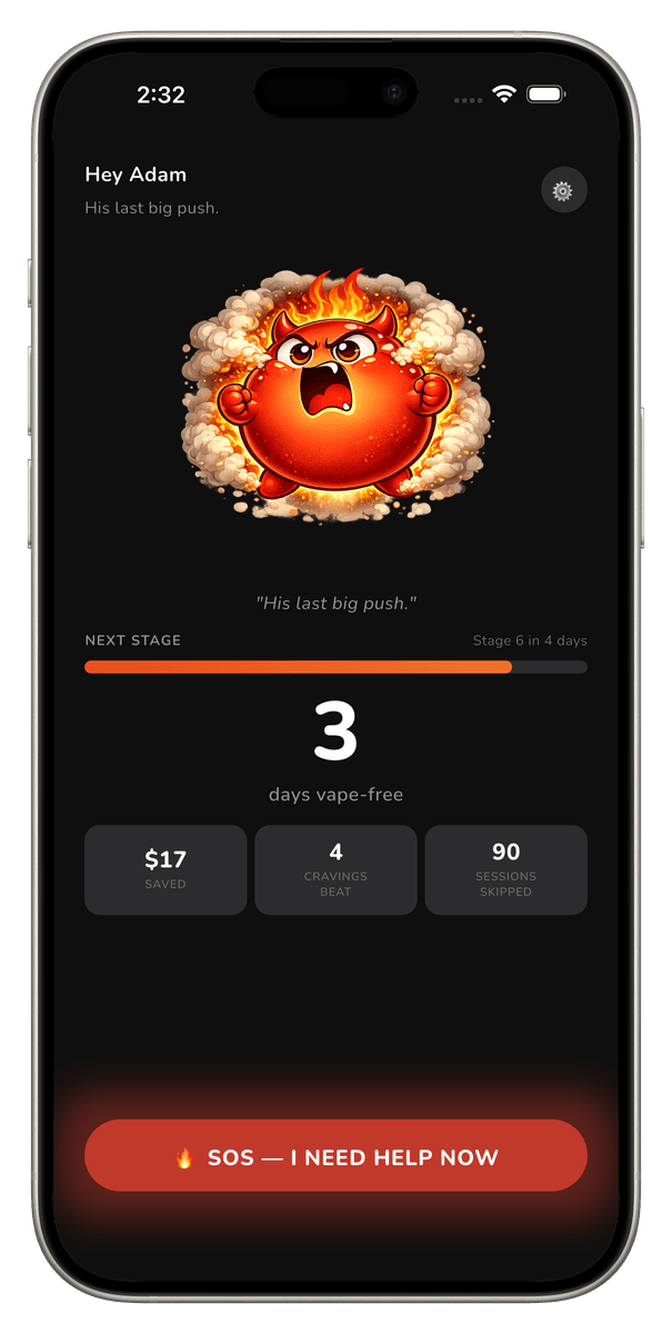 Cravo app home screen on day 3 — the villain at full strength, with progress stats and SOS button