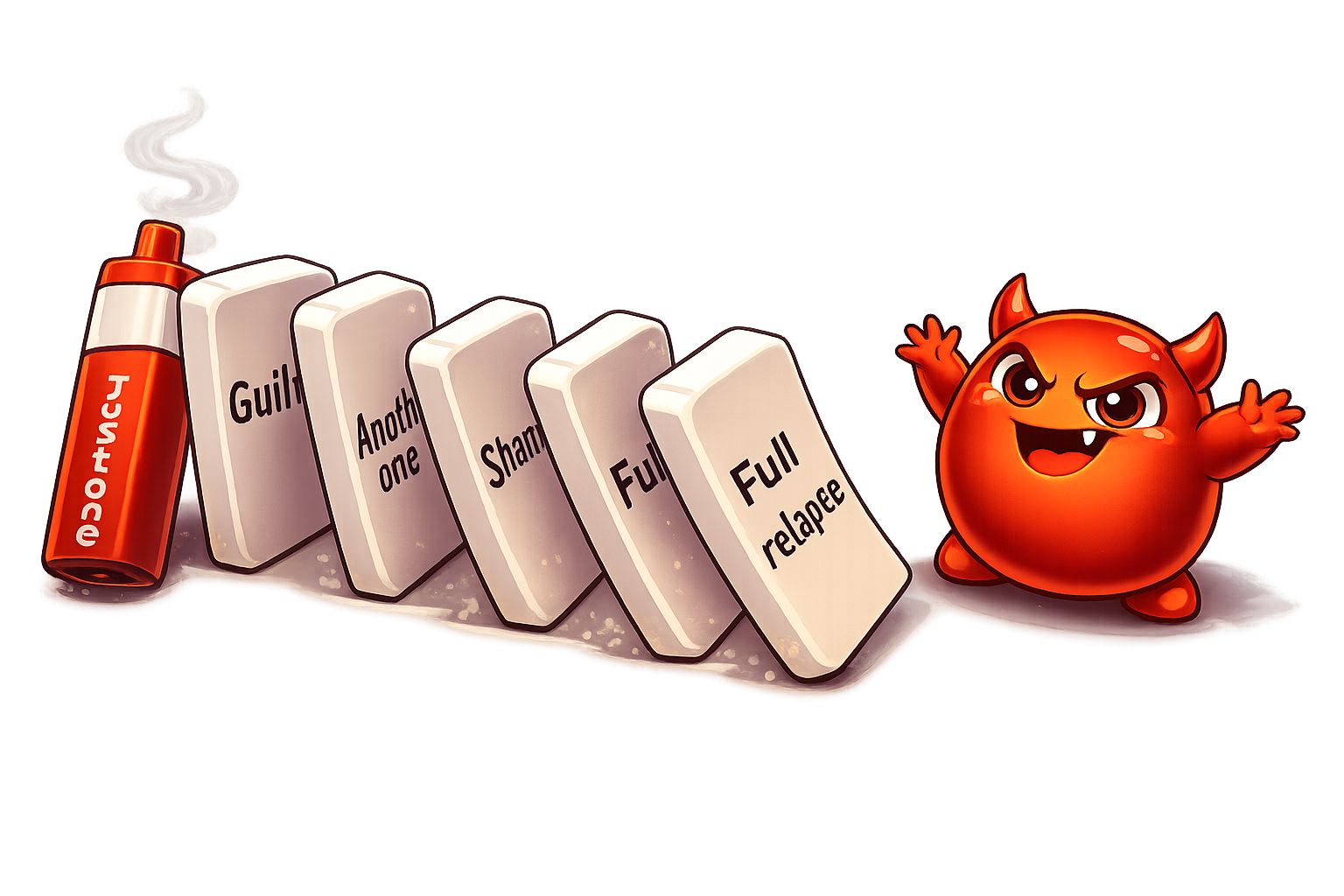 A chain of dominoes falling — the first shaped like a vape labelled 'Just one', followed by Guilt, Another one, Shame, and Full relapse, with Cravo celebrating at the end