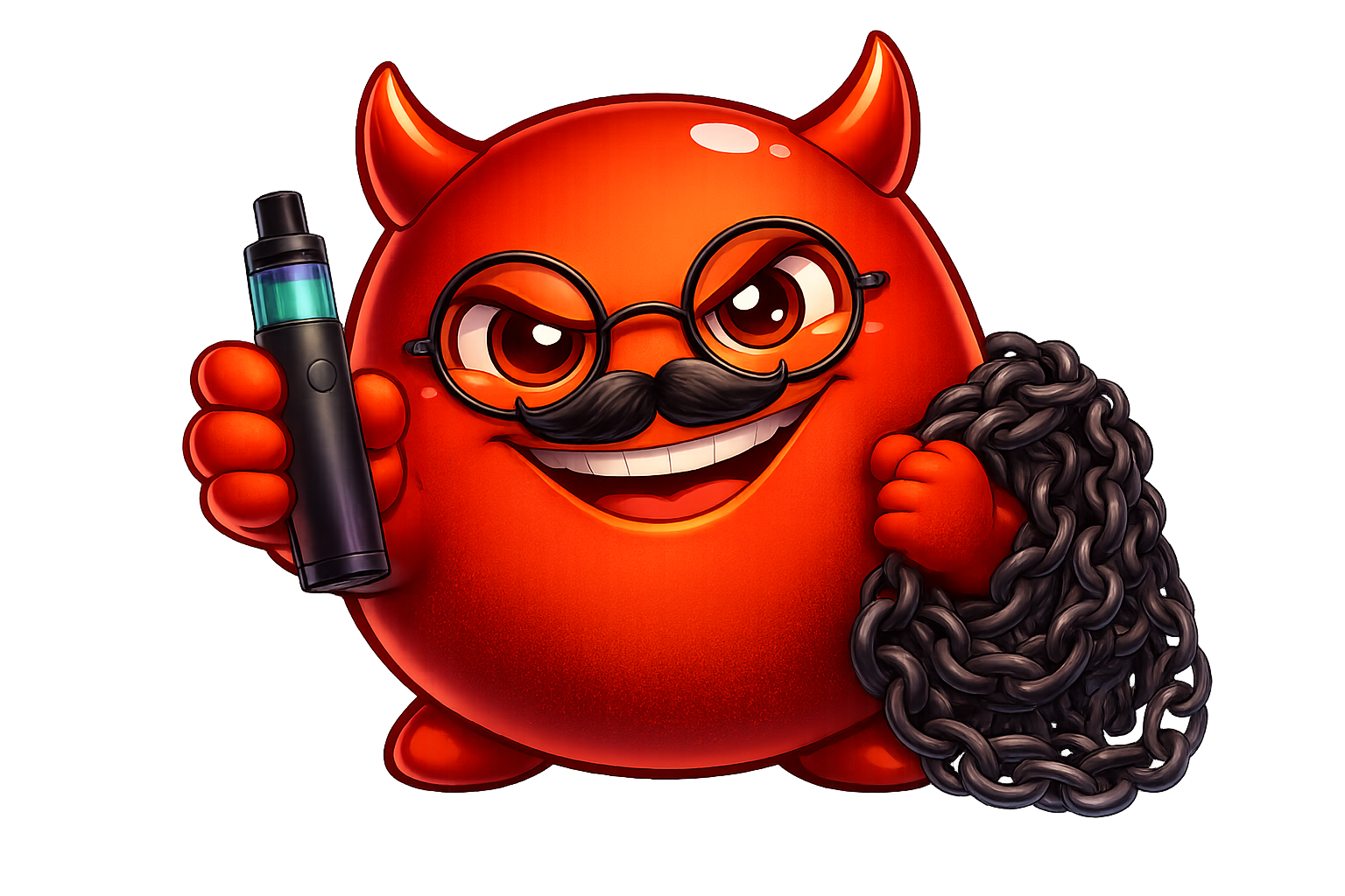 Cravo in a friendly disguise holding out a vape device, hiding chains behind his back