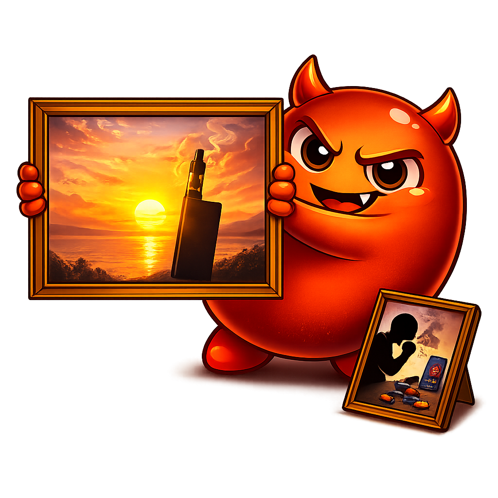 Cravo holding a romanticised picture frame while hiding the ugly truth behind his back