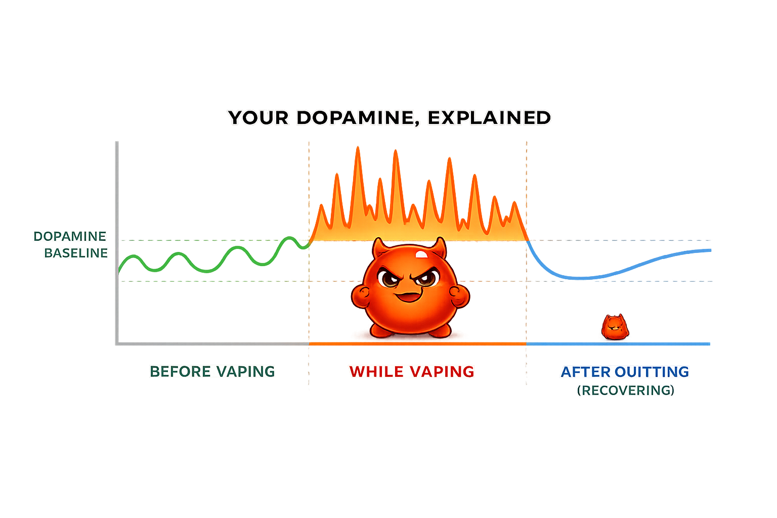 A simple chart showing three zones — a normal pre-vape baseline, an elevated-but-spiky vaping baseline, and a temporary flat post-quit baseline that will recover — with Cravo shrinking in each successive zone
