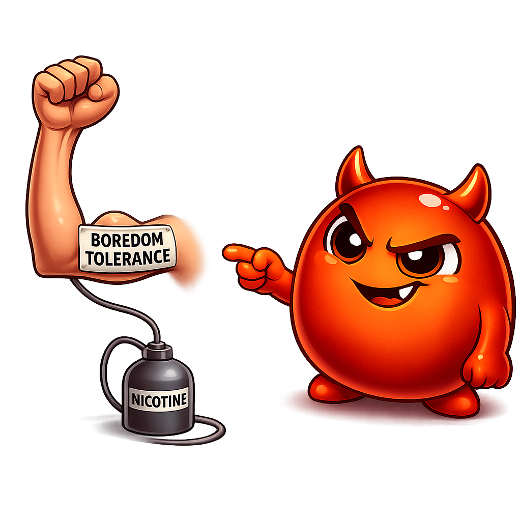 A cartoon shrunken bicep labelled 'Boredom tolerance' that Cravo has been slowly deflating over the years