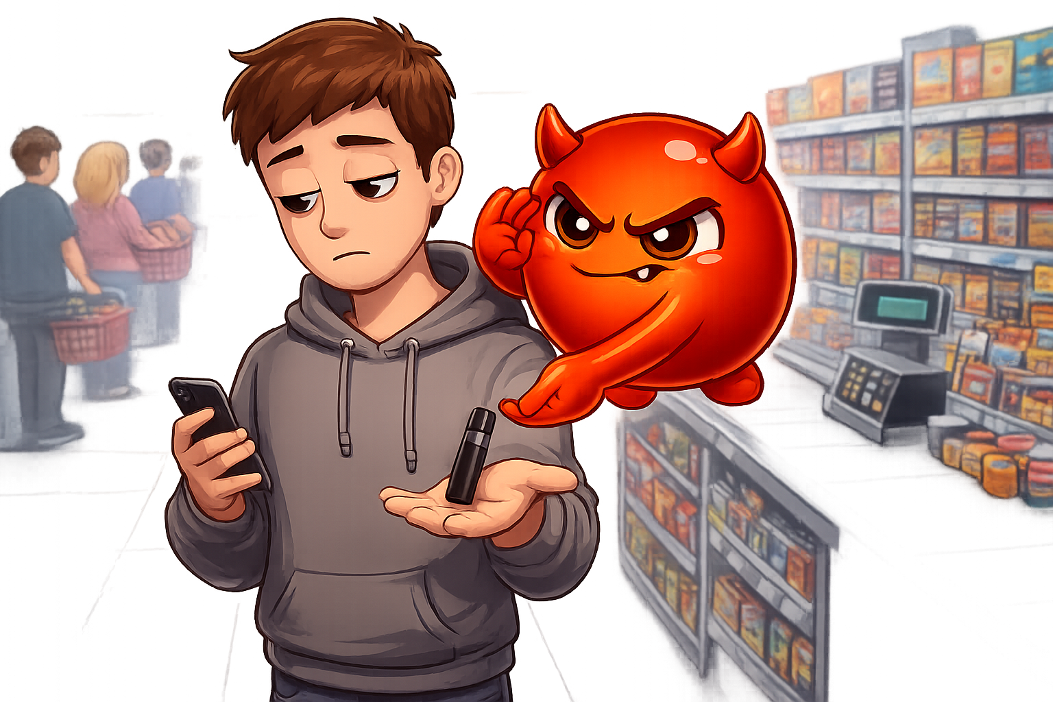 Cravo hovering at someone's shoulder during a dull moment, slipping a vape into their hand