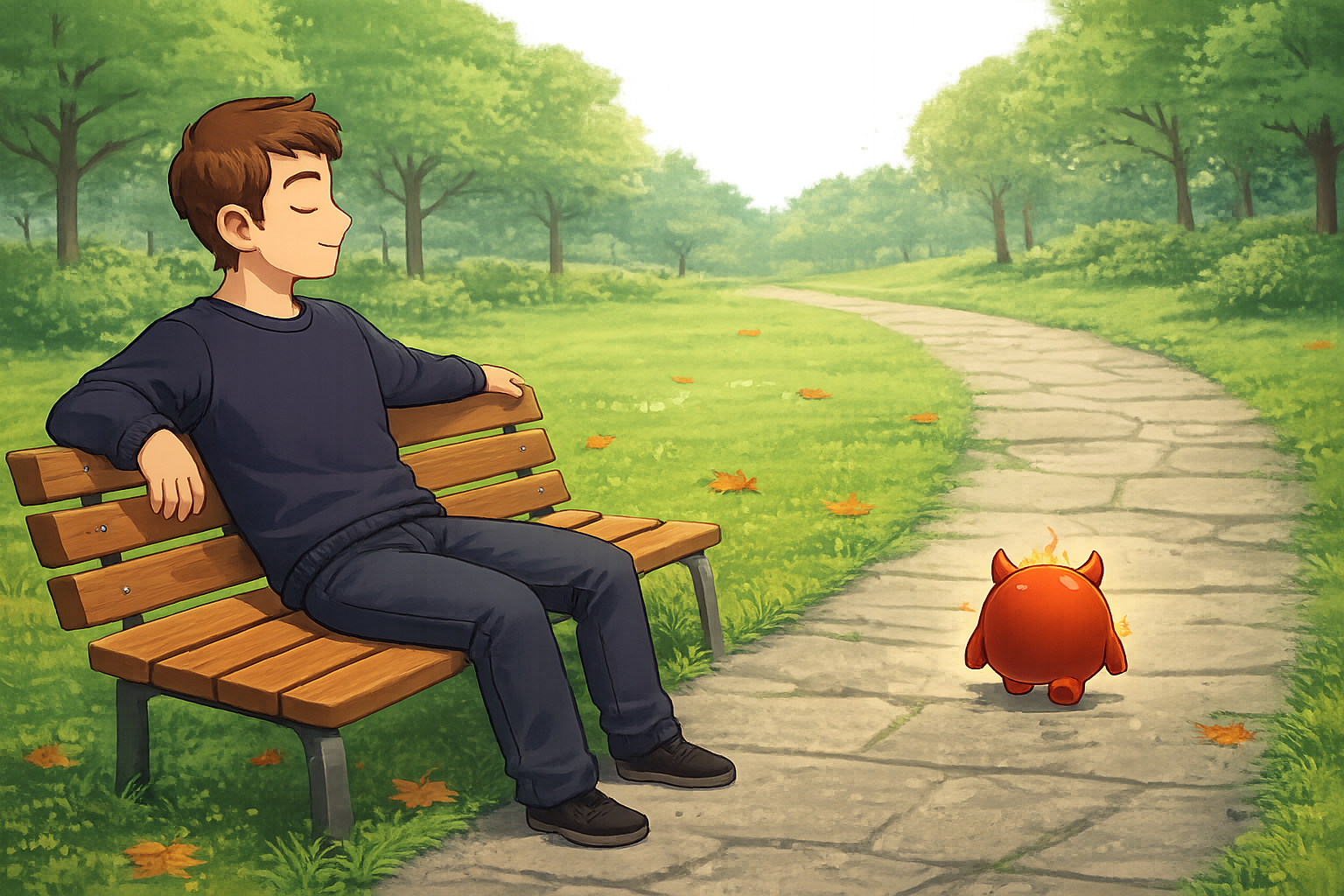 A person sits peacefully on a bench in a park doing nothing in particular — just present — while a small exhausted Cravo trails off in the distance, unable to get their attention