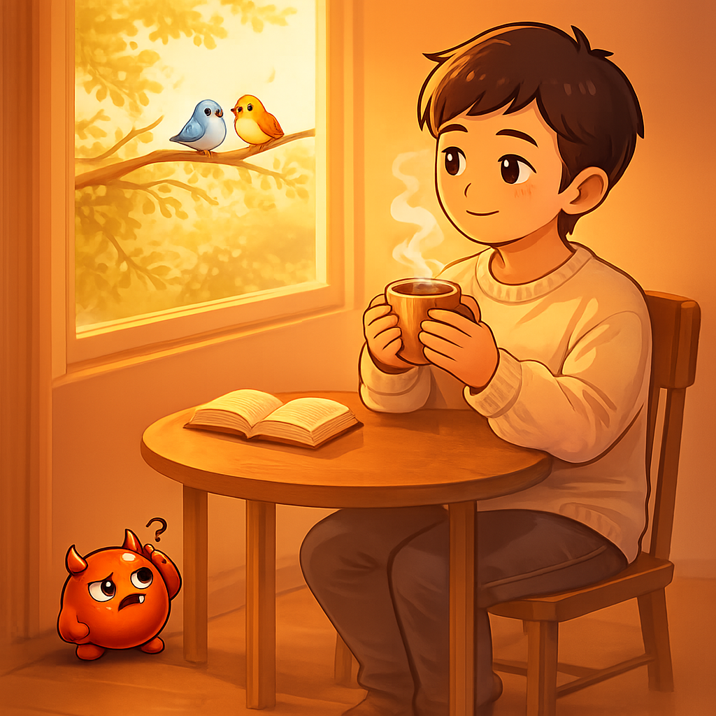 A person savouring a coffee while noticing birds out the window, fully present — Cravo watches, confused