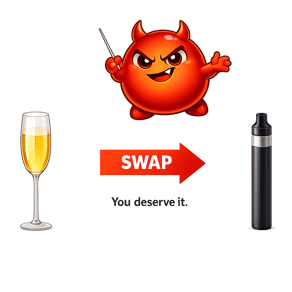 Cravo orchestrating the swap from champagne to vape with the words 'You deserve it'