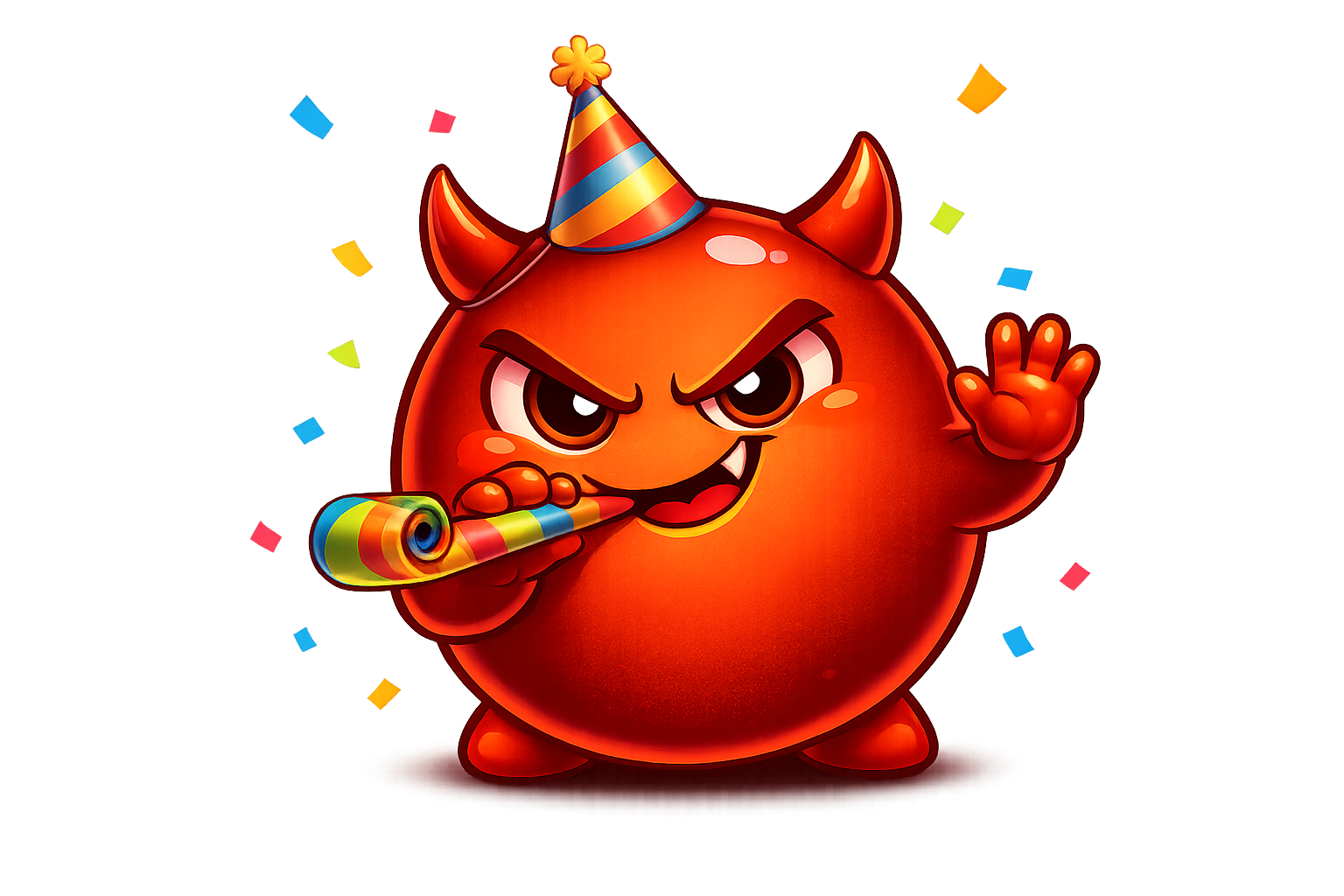 Cravo wearing a party hat with a sneaky grin, holding a party blower
