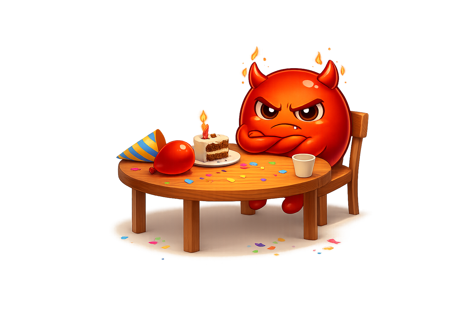 Cravo alone at a party table looking grumpy and small, confetti settled, the celebration went on without him