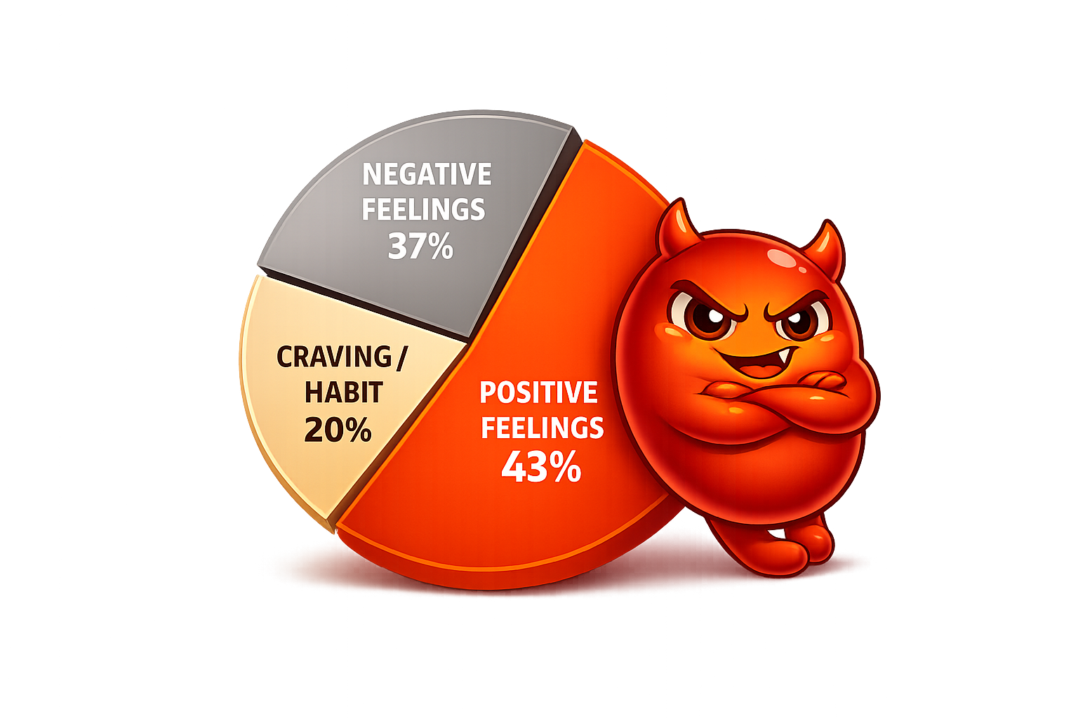 A pie chart showing 43% of relapses happen during positive feelings, 37% during negative — Cravo leans against the larger happy segment looking satisfied