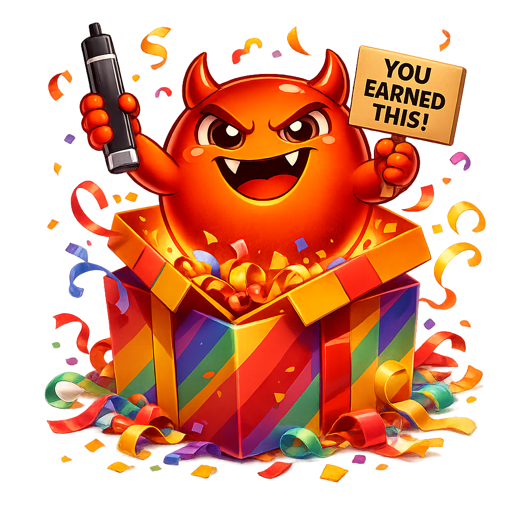 Cravo popping out of a gift box holding a vape with a sign saying 'You earned this'