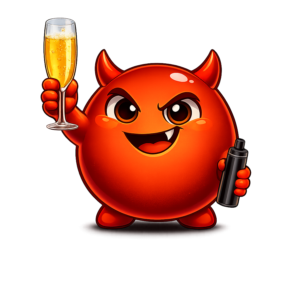 Cravo raising a champagne glass to toast while holding a vape ready at his side