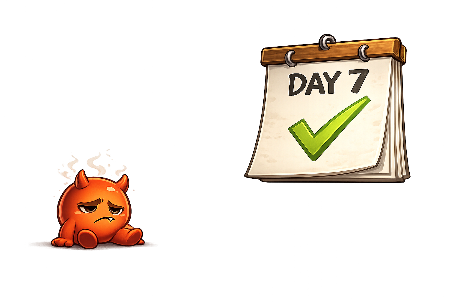 A small slumped defeated Cravo on the left, with his flames nearly extinguished, next to a wall calendar on the right showing Day 7 with a bright green checkmark