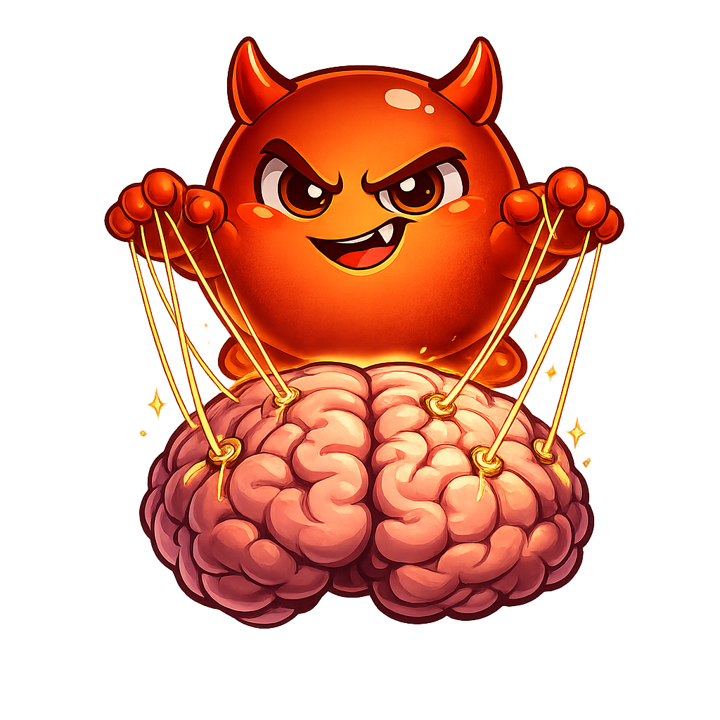 Cravo as a puppet master pulling strings attached to a cartoon brain