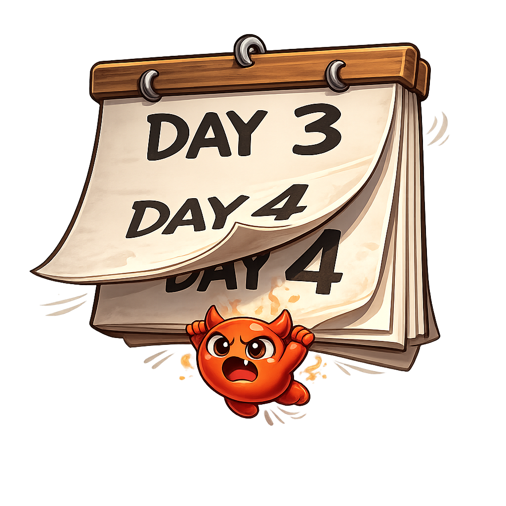 A small panicked Cravo clinging to a calendar page flipping from Day 3 to Day 4