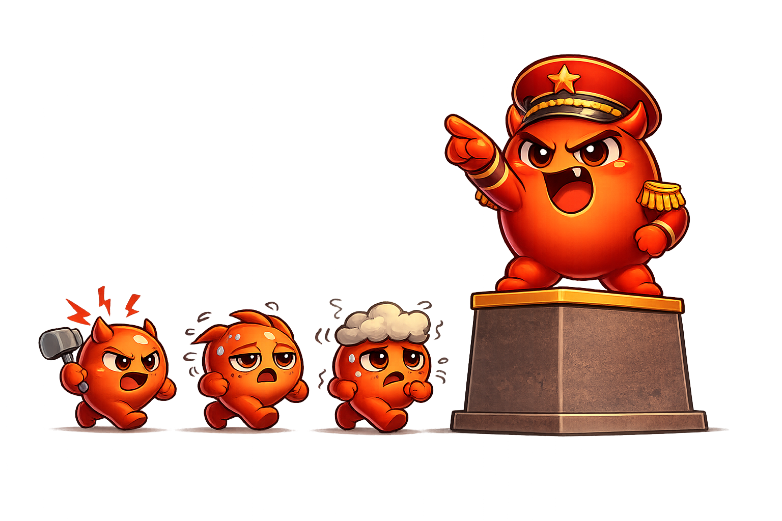 Cravo dressed as a military general standing on a podium, commanding an army of four cartoon symptom soldiers marching in formation
