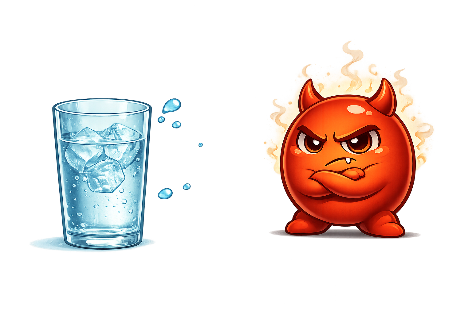 Cravo standing with arms crossed, looking annoyed, with a tall glass of cold water in front of him