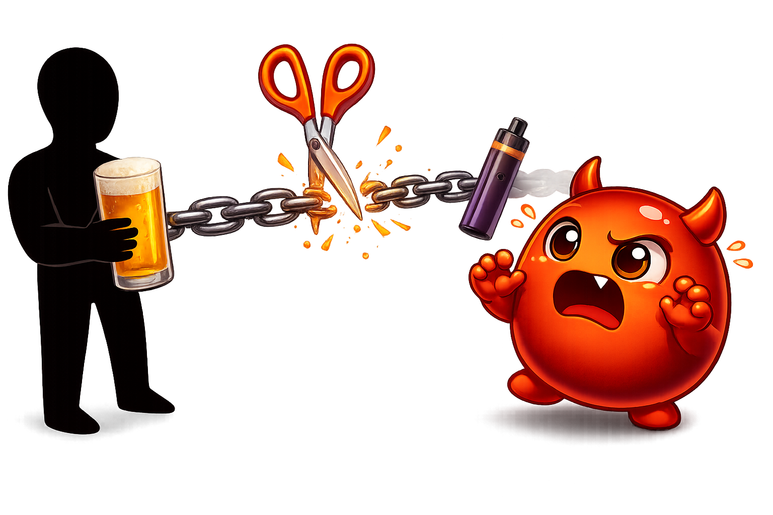 The chain connecting a beer glass to a vape being cut with scissors — sparks flying, Cravo recoiling in alarm, too late to stop it