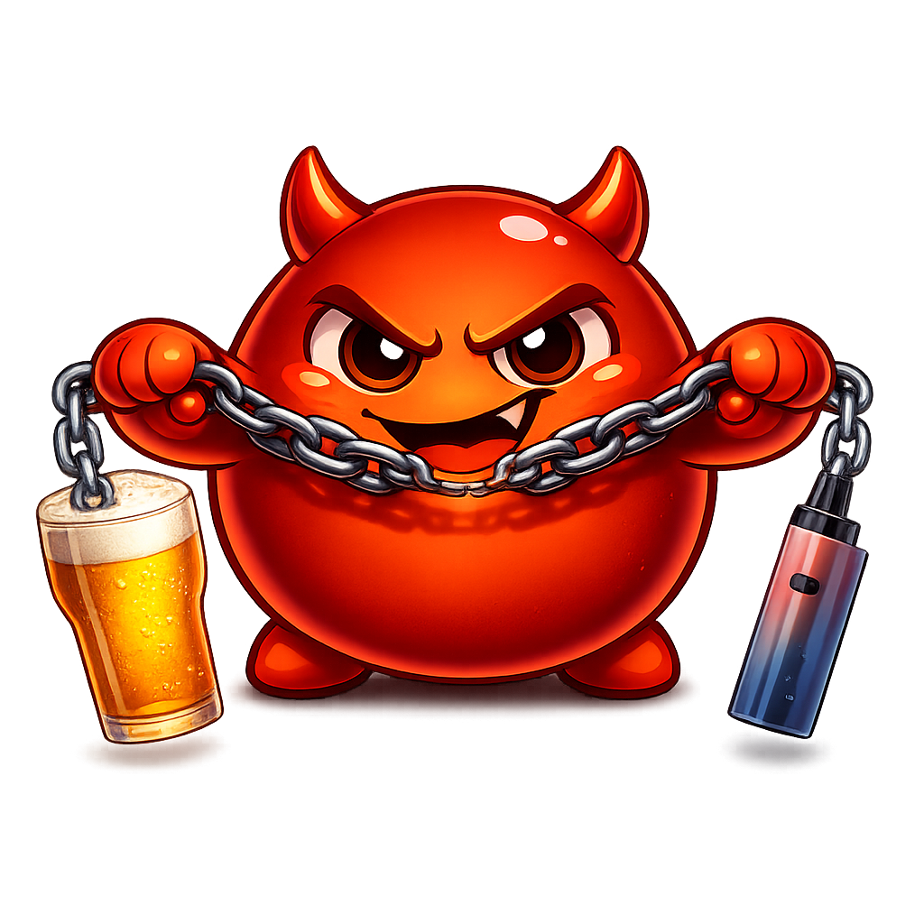 Cravo pulling a chain that connects a beer glass to a vape device, binding them together