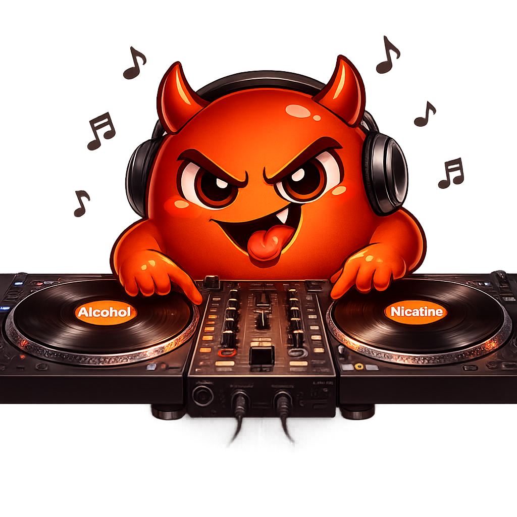 Cravo as a DJ mixing 'Alcohol' and 'Nicotine' records together at a party