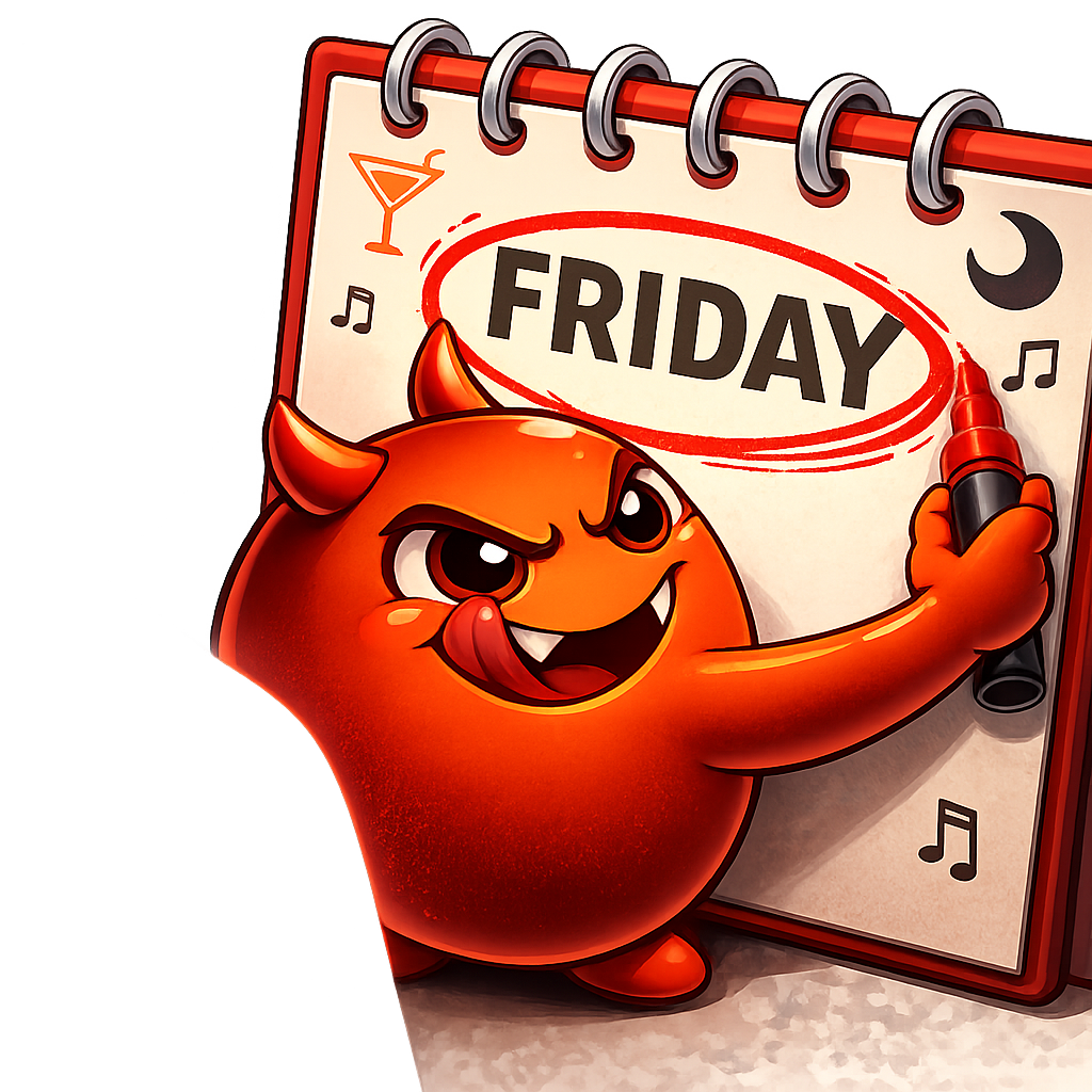 Cravo circling FRIDAY on a calendar with a predatory grin