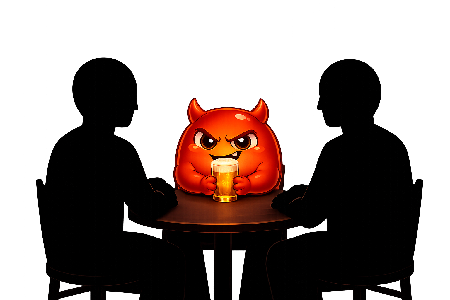 Cravo blending in at a pub table among silhouetted friends, looking like just another mate while his villain grin gives him away