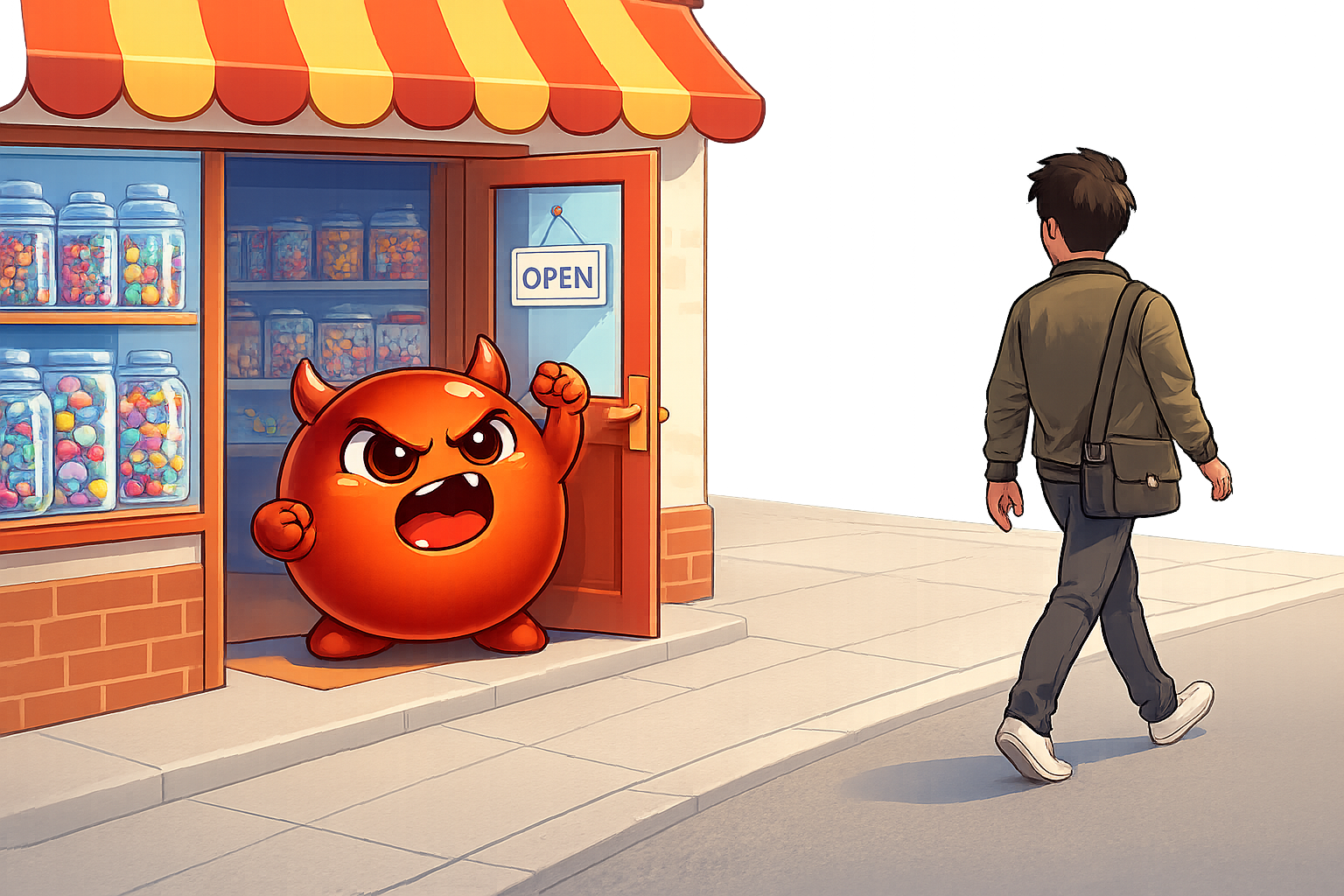 A bright cartoon candy-shop with a 'Closed' sign and Cravo fuming inside while a young adult in a bomber jacket walks confidently away down the pavement