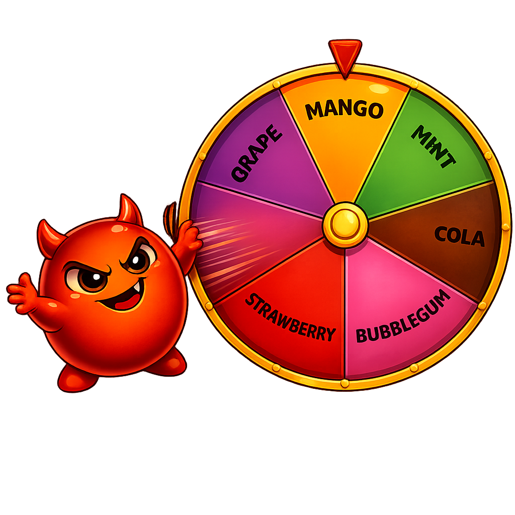 Cravo spinning a colourful flavour carousel wheel with segments for mango, mint, cola, bubblegum, and strawberry