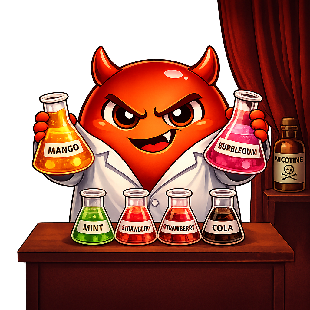 Cravo in a lab coat mixing beakers of bright liquids labelled mango, bubblegum, and mint — a nicotine bottle is hidden behind a curtain