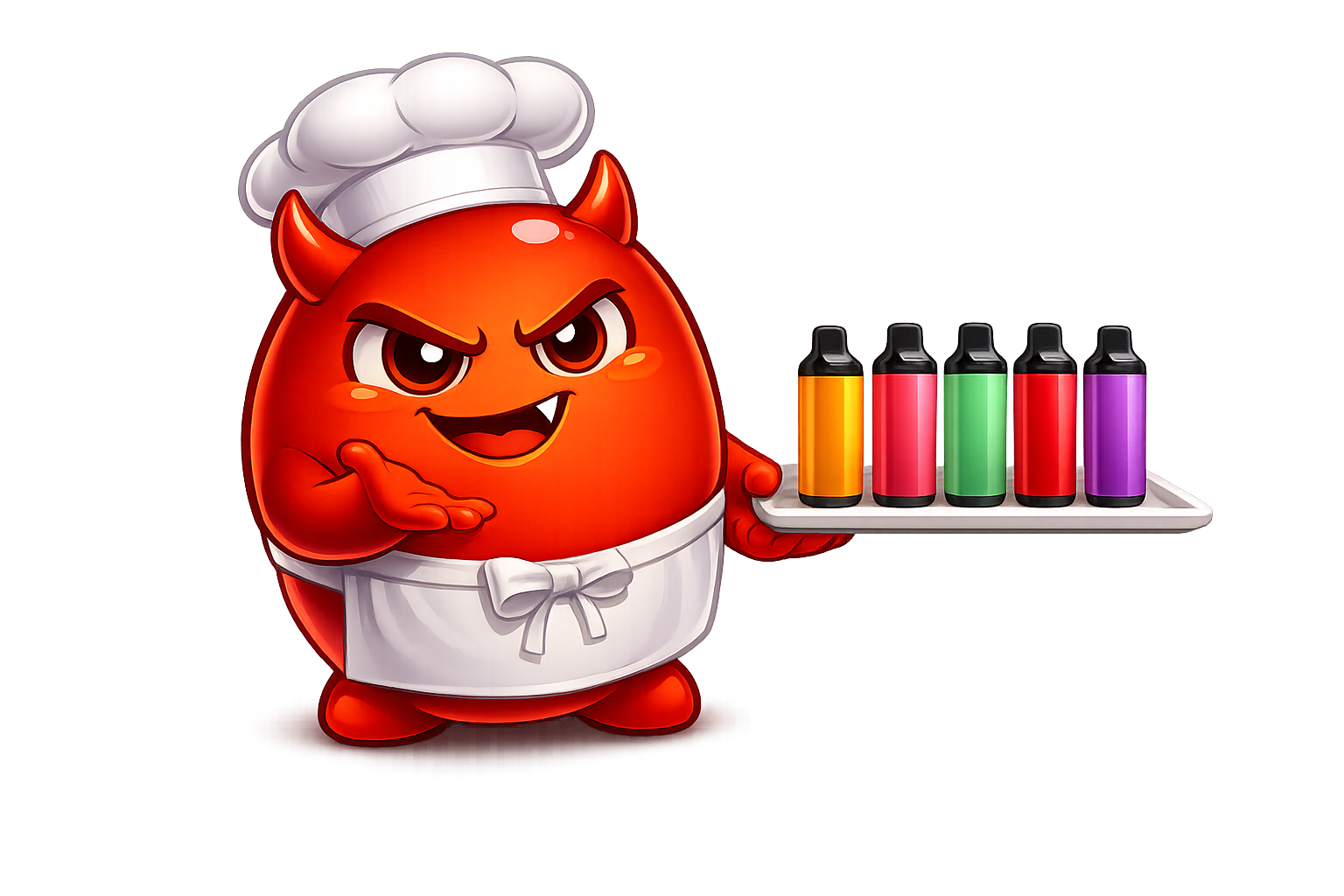 Cravo as a smug confectioner presenting a platter of bright fruit-flavoured vape pods