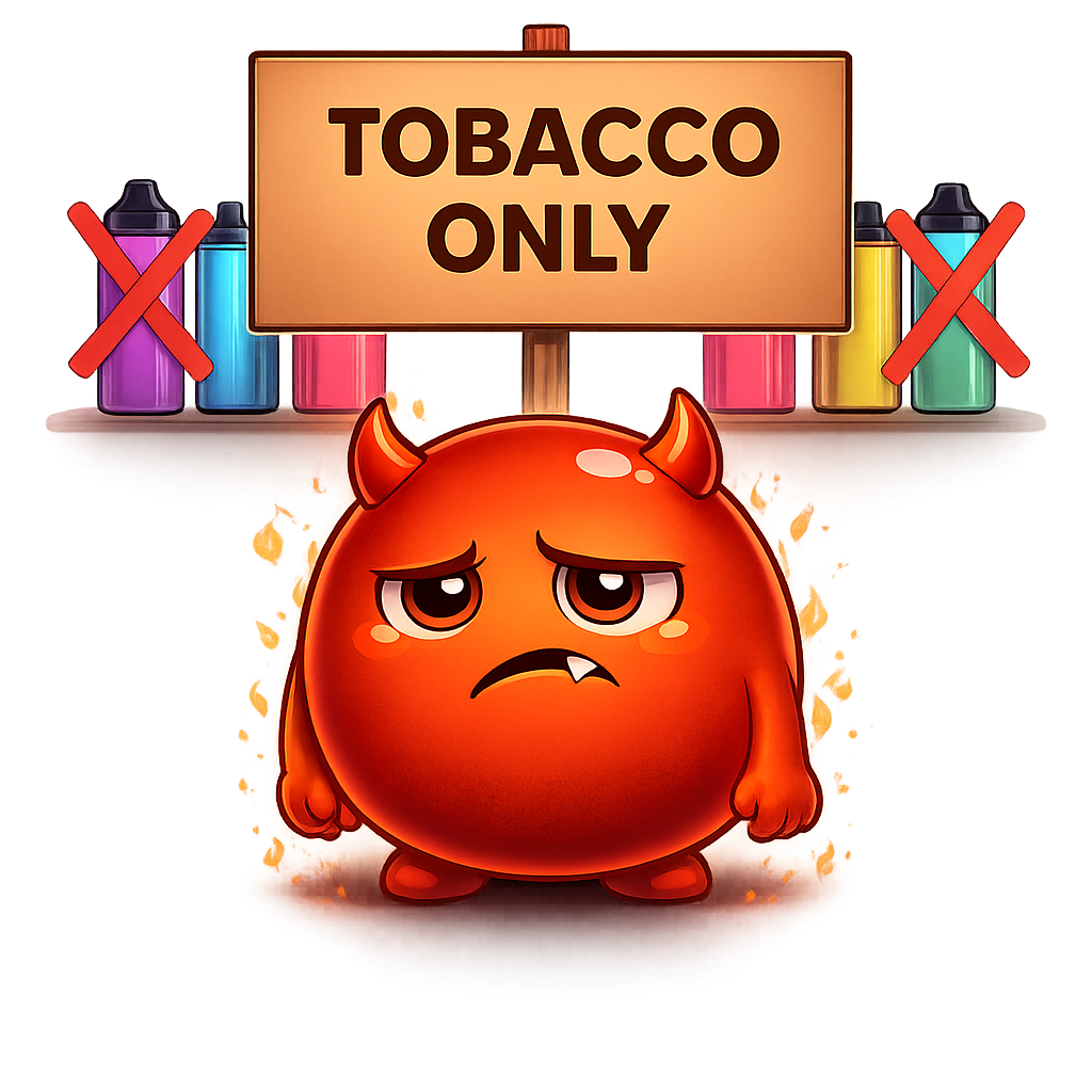 Cravo looking defeated at a plain TOBACCO ONLY sign while his colourful candy flavours sit crossed out behind him