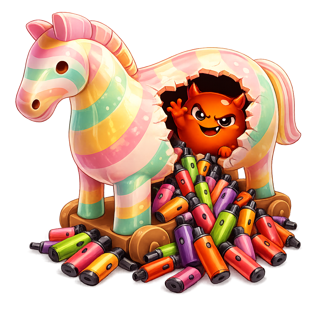 A giant candy-coloured trojan horse cracked open with tiny vape devices spilling out — Cravo peeks through the opening
