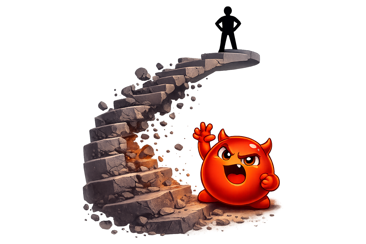Cravo at the bottom of a crumbling spiral staircase, throwing a tantrum, while a person stands confidently at the top having refused to descend