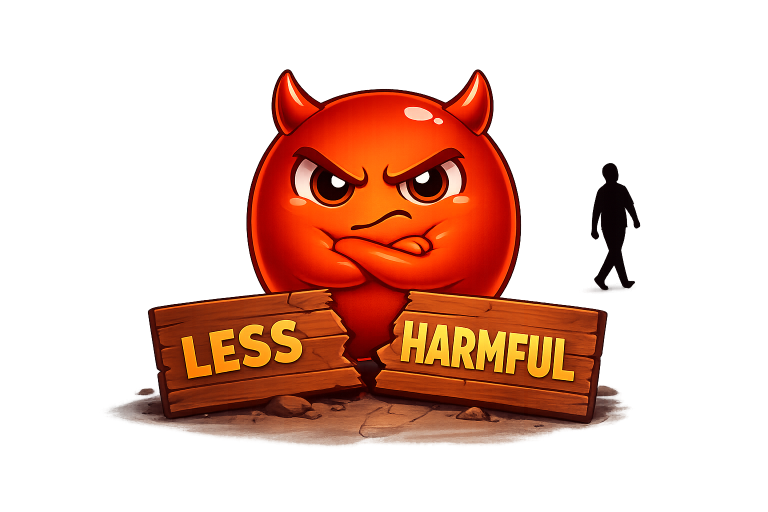 Cravo's 'LESS HARMFUL' sign broken on the ground, Cravo standing behind it looking angry and defensive, a person's silhouette walking away free