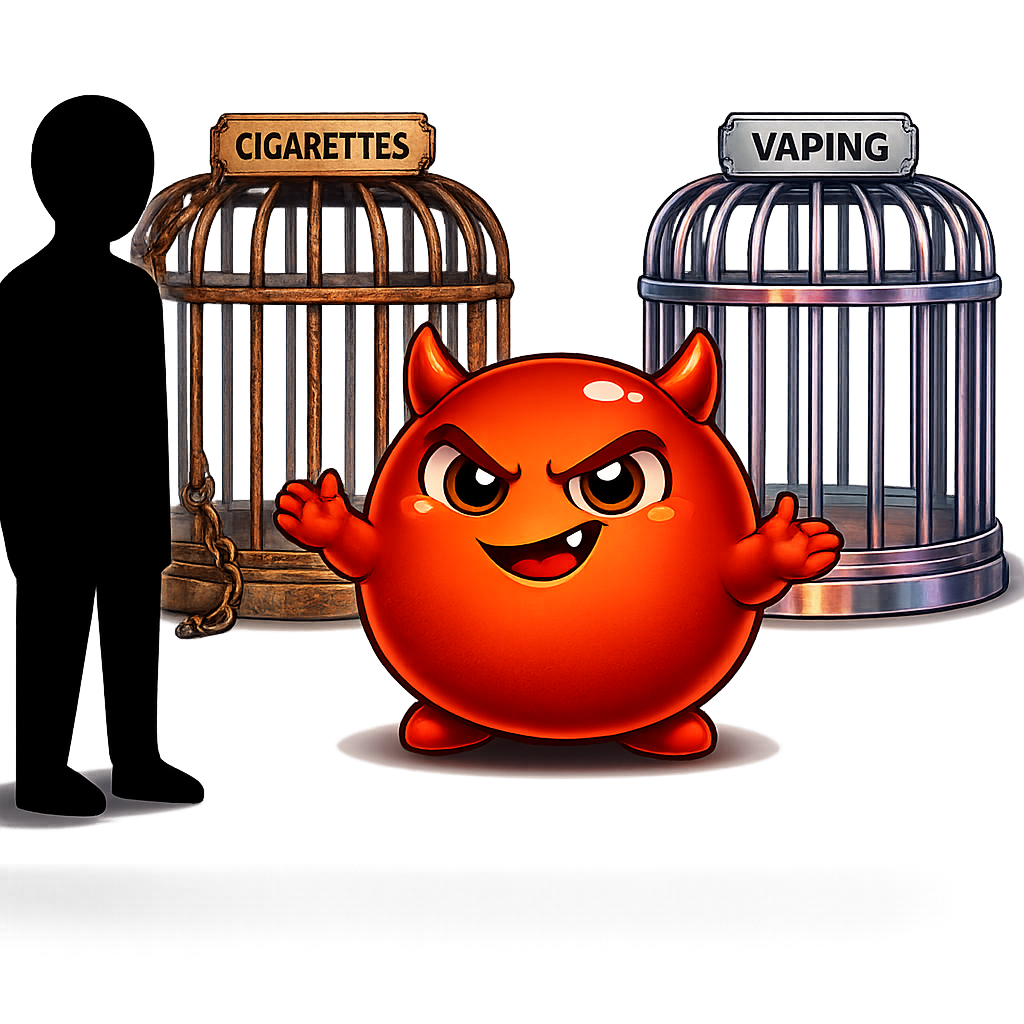 Two cages — an old rusty one labelled Cigarettes and a shiny smaller one labelled Vaping — with Cravo between them selling the upgrade
