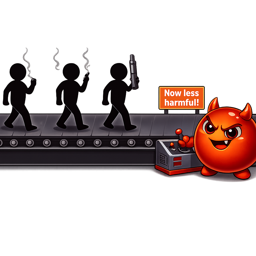 Cravo operating a conveyor belt where people trade cigarettes for vapes but stay addicted