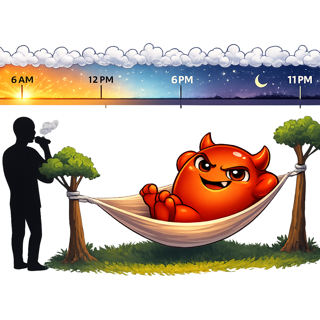 A 24-hour timeline with constant vape puffs and Cravo relaxing in a hammock underneath
