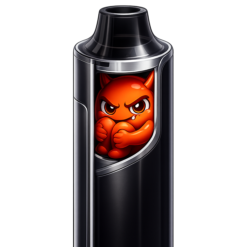 Tiny Cravo curled up inside a transparent vape device, hiding in plain sight