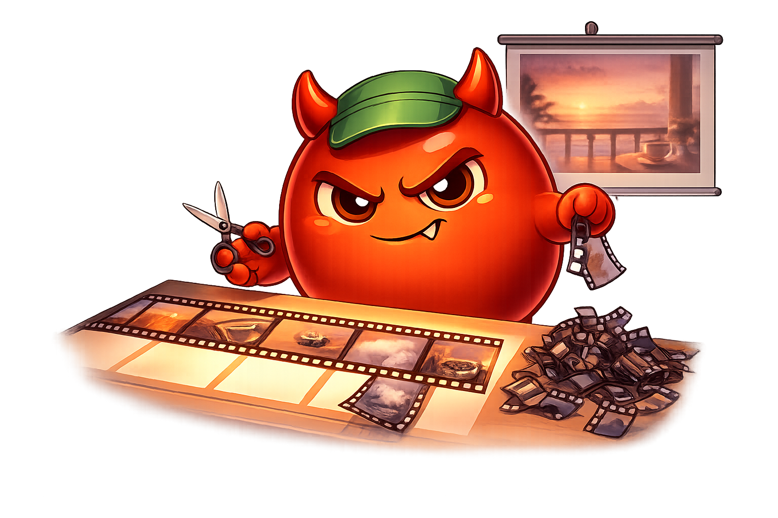 Cravo at a film-editing desk snipping the bad frames out of smoking memories while projecting only the rosy ones