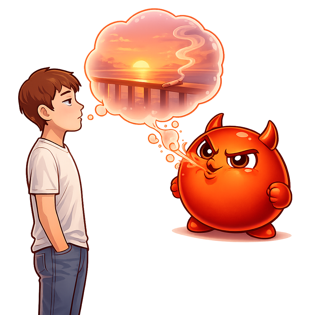 Cravo blowing a soft nostalgic memory bubble over a person's head — inside the bubble, a wistful summer-balcony cigarette scene