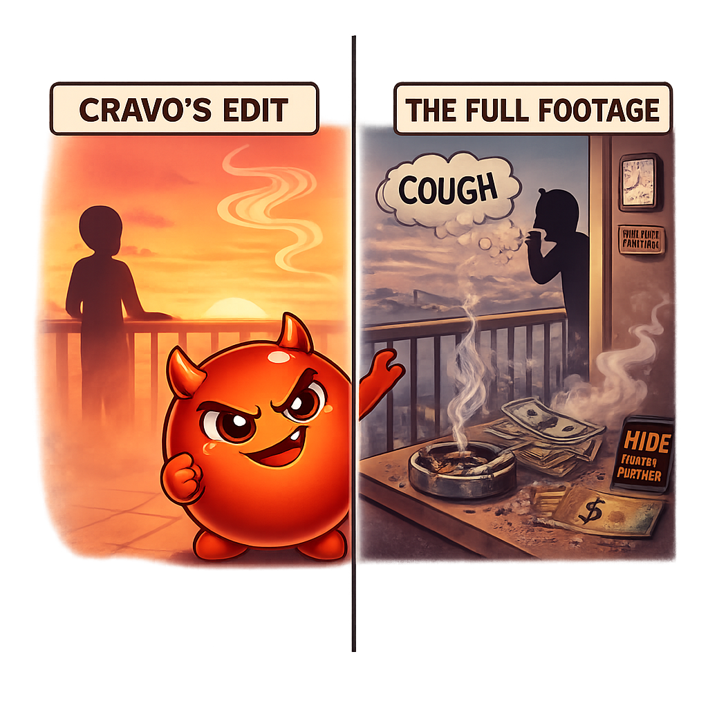 A split postcard — Cravo's rosy sunset-balcony memory on the left, the full unedited version with coughing and ashtray on the right
