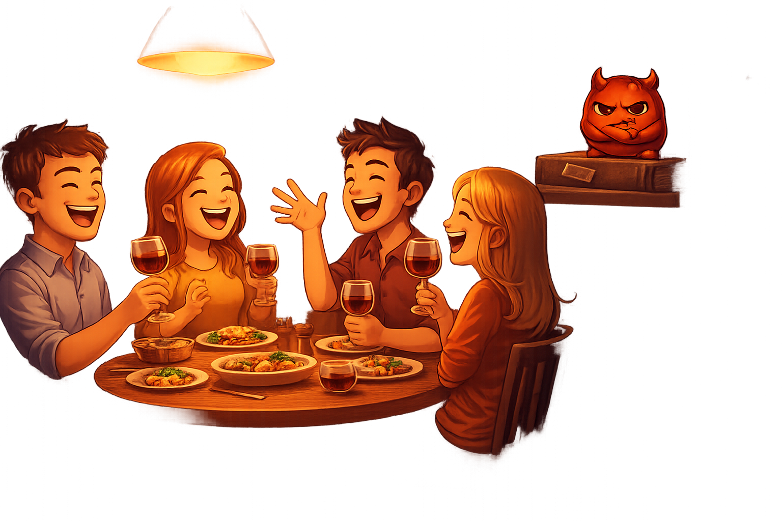 A person in the present laughing with friends around a dinner table — Cravo's old photo album sits closed and dusty on a shelf in the background
