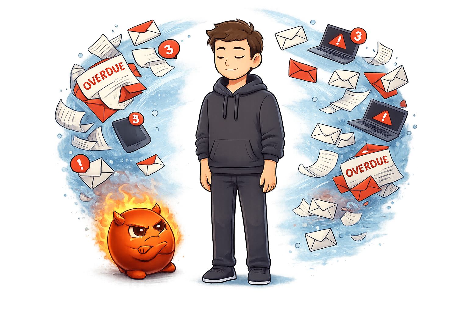 A person stands calmly in a storm of paperwork and notifications — Cravo slumps small and defeated at their feet, no longer useful