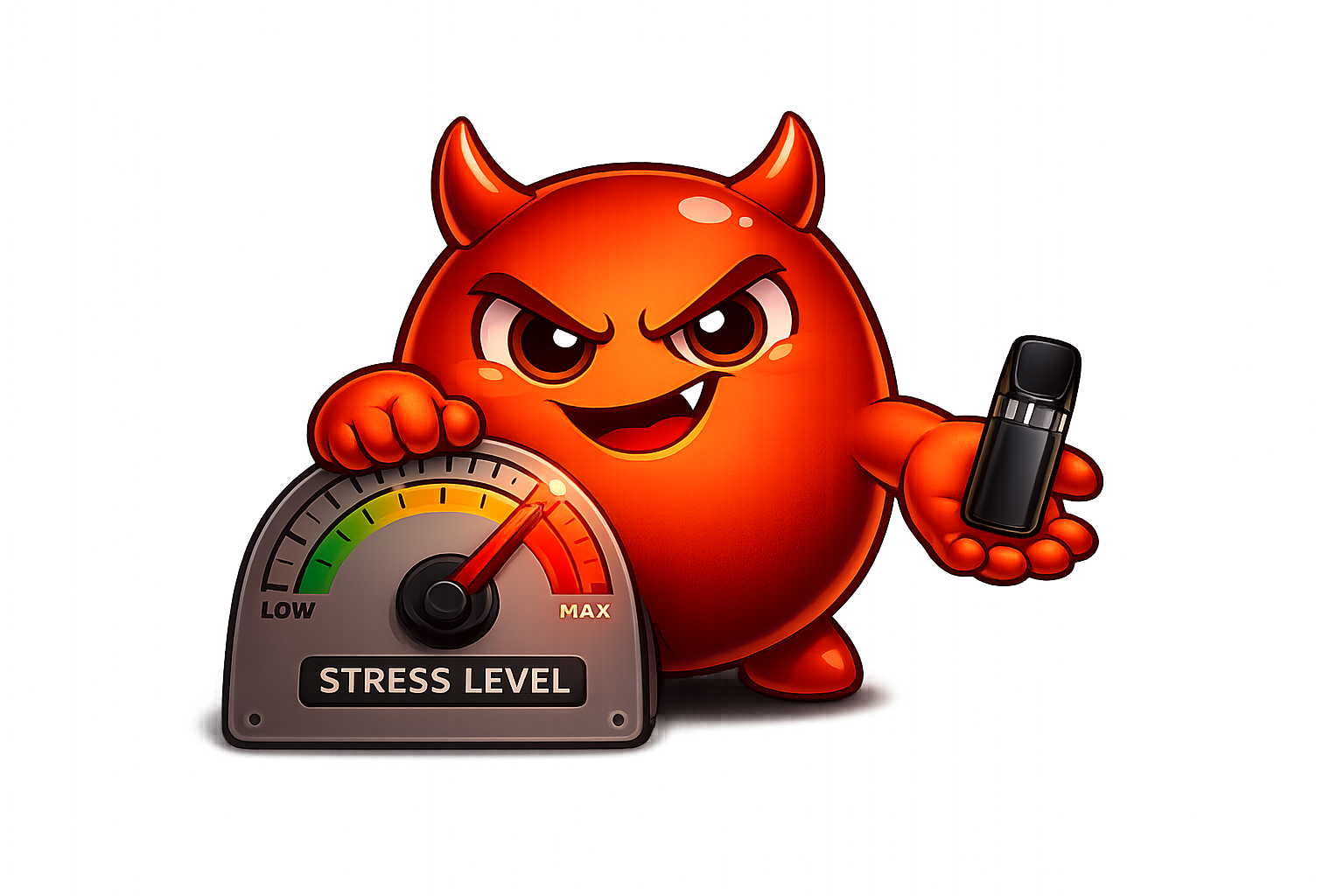 Cravo cranking a giant stress dial to maximum with one hand while offering a vape with the other