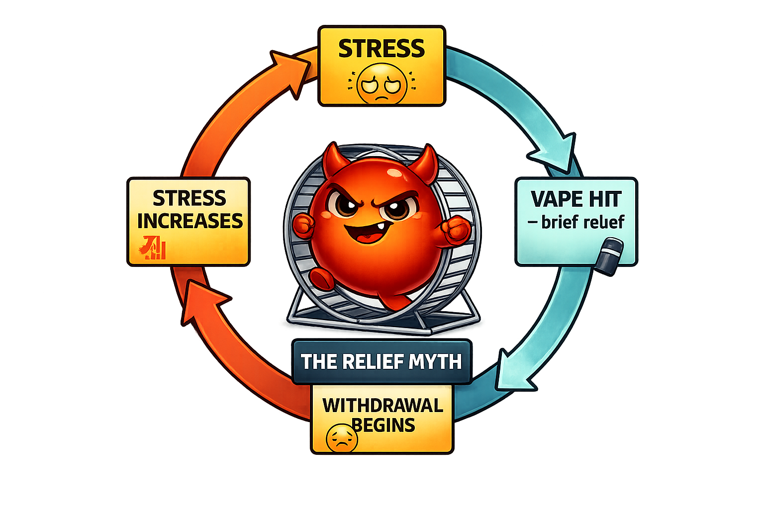 A cyclical diagram showing how nicotine creates the baseline stress it pretends to relieve — Cravo pedals a hamster wheel labelled 'Relief Myth'