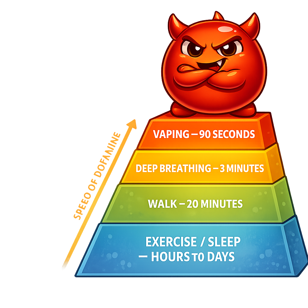 A pyramid of relief tools ranked by time-to-dopamine, with vaping at the tempting top and durable rewards at the slow bottom