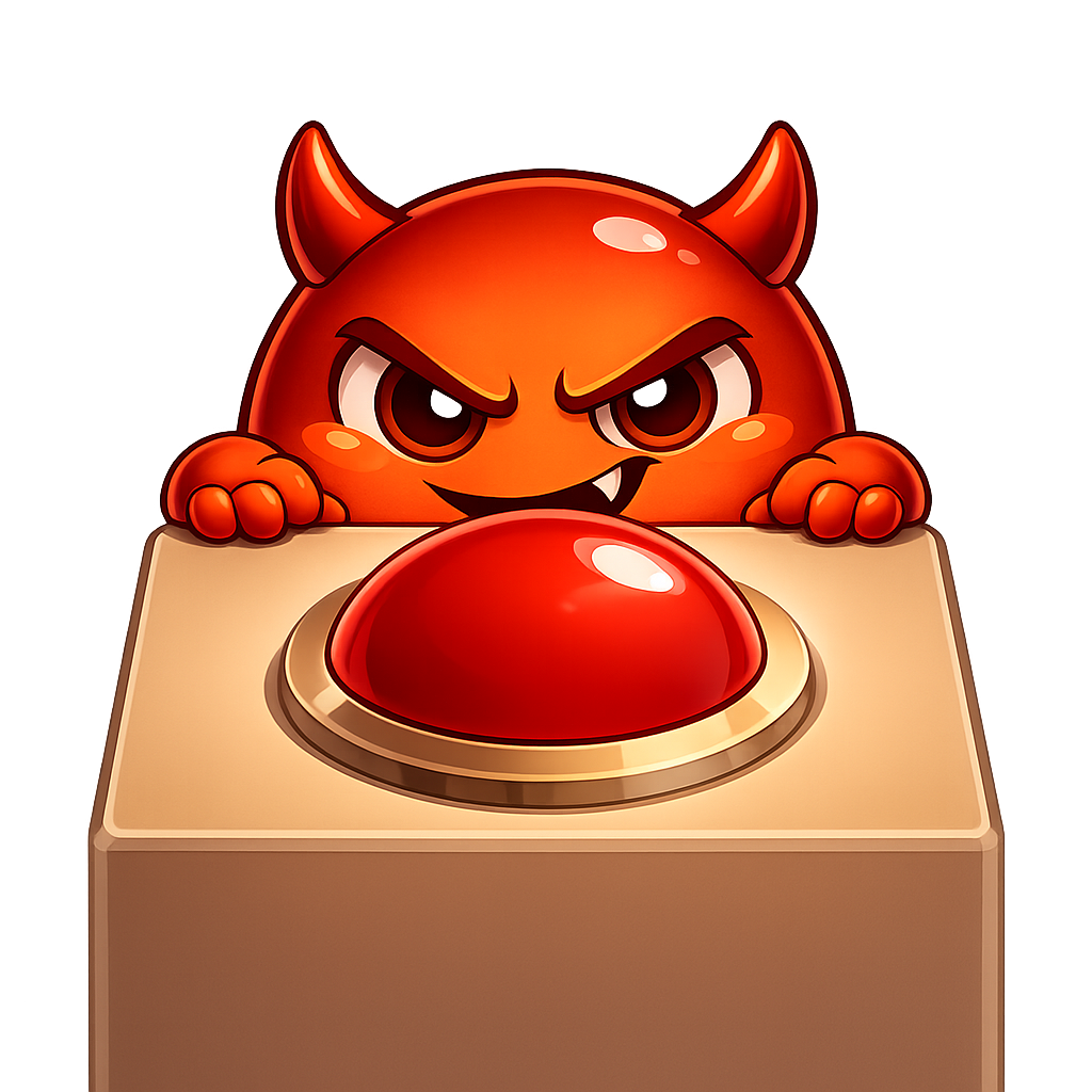 A giant red 'Press when stressed' emergency button with Cravo crouched behind it grinning