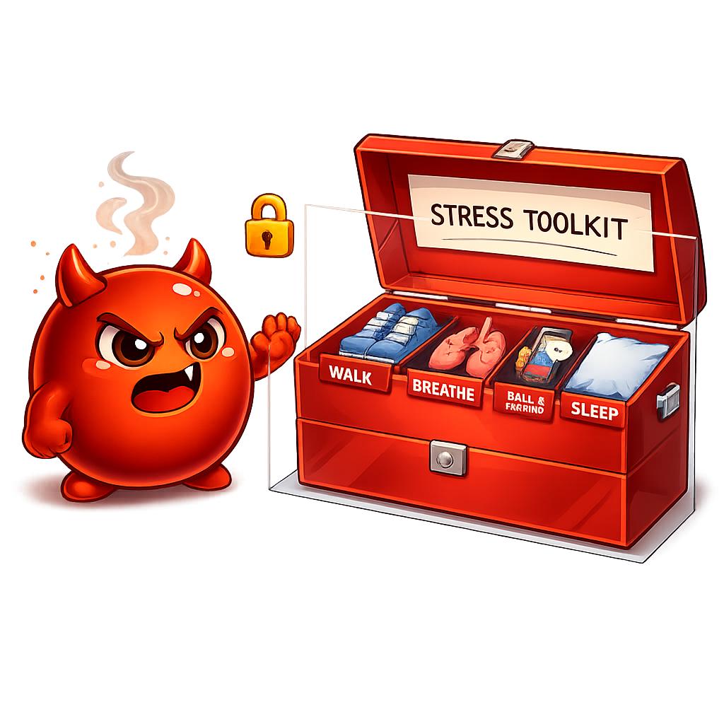 An open toolbox full of healthy coping tools — breathing, walking, calling a friend — with Cravo locked out and fuming
